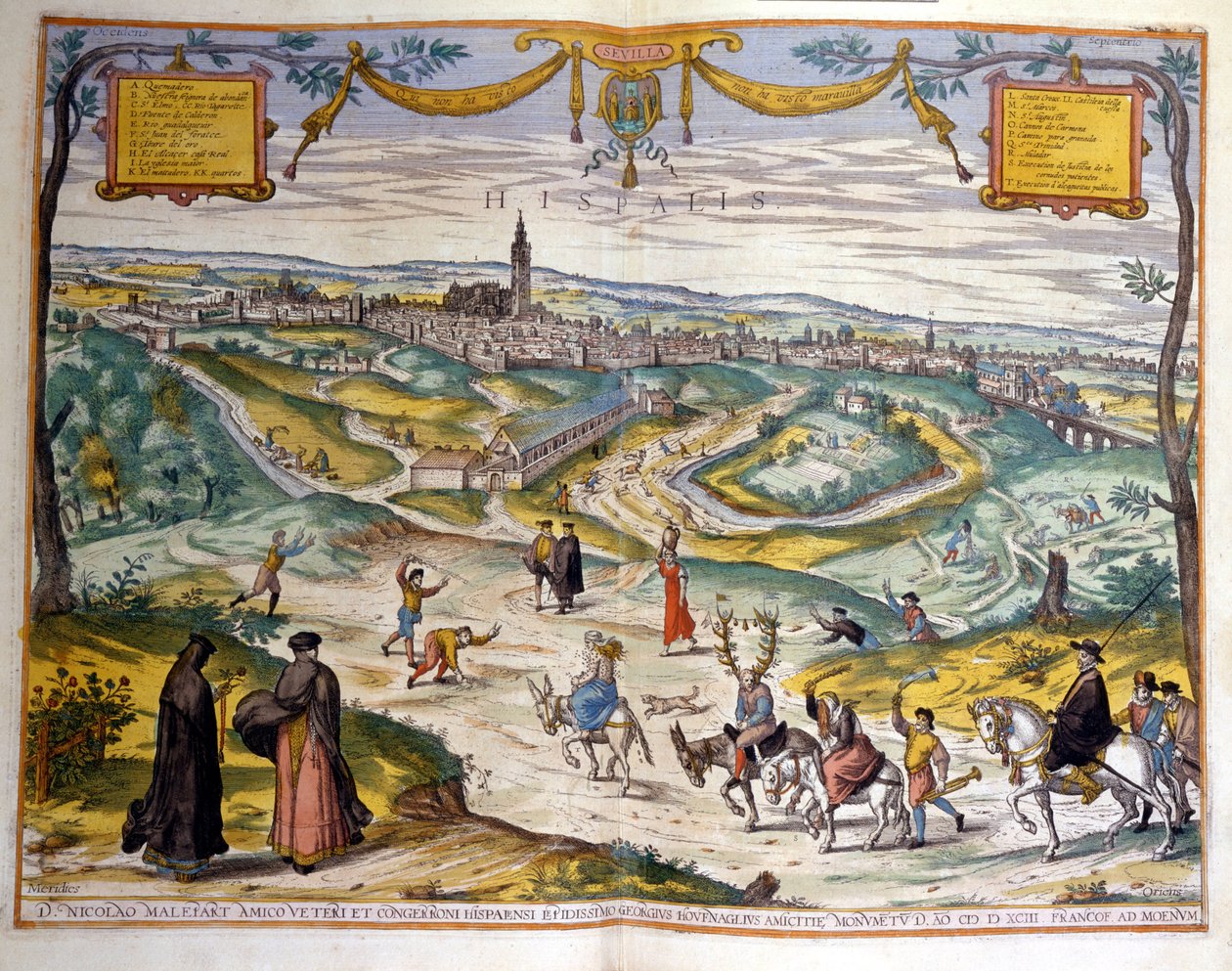 1590 yılındaki Sevilla şehrinin haritası. Resmin sağ alt köşesinde, köy halkı eşeğine binmiş bir boynuzlu erkekle dalga geçiyor. by Unknown artist