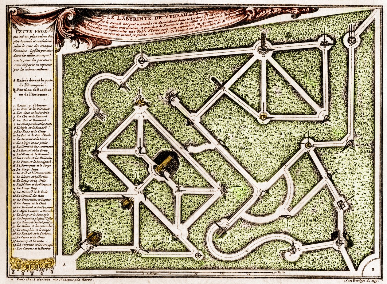 Andre Le Notre (1613-1700) tarafından oluşturulan Versay kalesinin parkındaki labirentin haritası. “” Doğada Gravür. Bilim dergisi ve sanat ve endüstriye uygulamaları. by Unknown artist