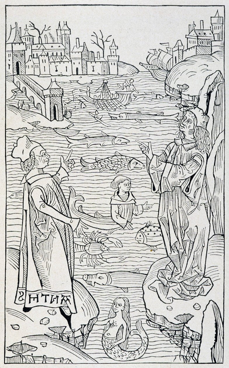 Deniz hayvanları ve canavarlar - “” Hortus Sanitatis””in “” De Piscibus” bölümünün başlık sayfası, Mainz, 1491 yılı baskısı by Unknown artist
