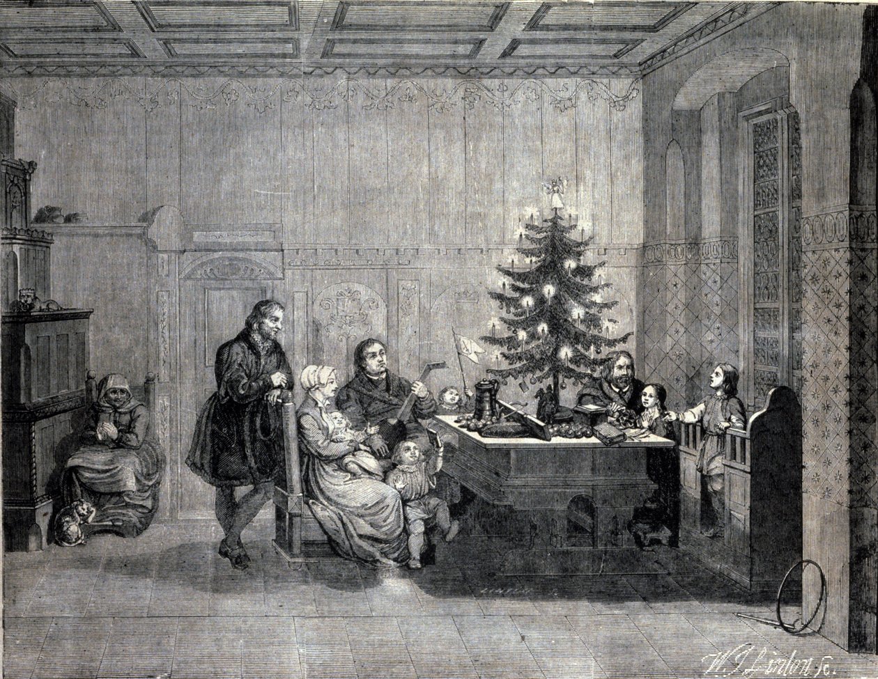 Martin Luther (1483-1546) Noel'i ailesiyle birlikte kutlayan Alman dini reformcu. 19. yüzyıl gravürü by Unknown artist