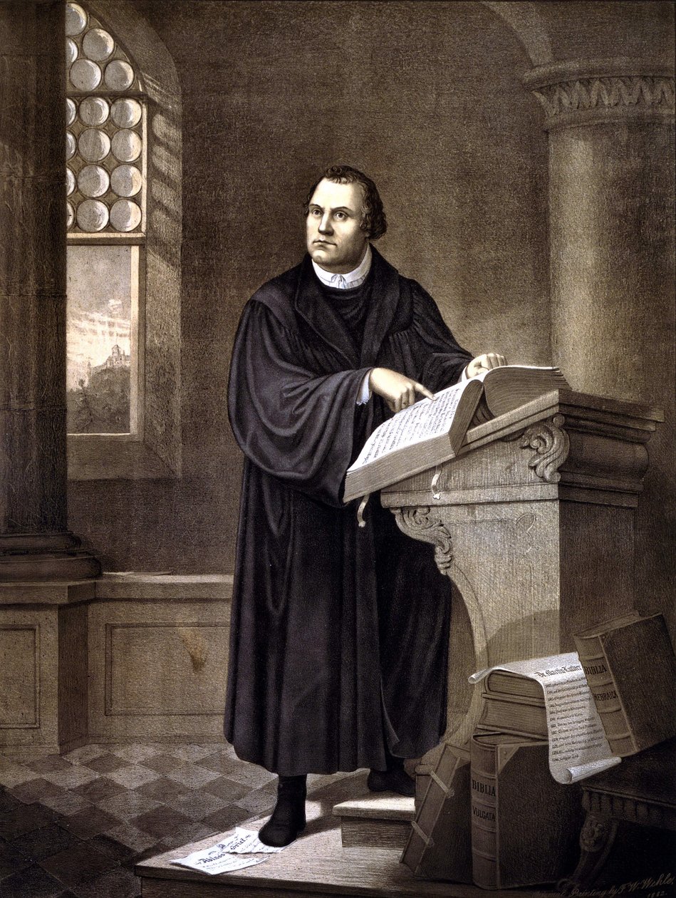 Martin Luther (1483 - 1546) bir kilisede okuyor. by Unknown artist