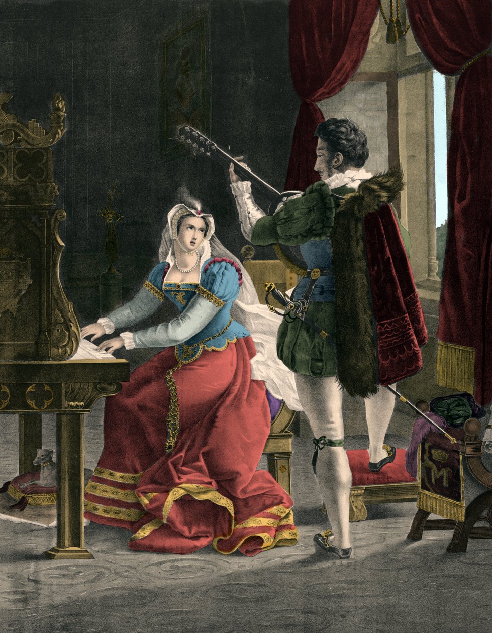 Mary Stuart ve David Rizzio - Marie (Mary) Iere Stuart (1542-1587) David (Davide) Rizzio ile - 19. yüzyıl gravürü by Unknown artist