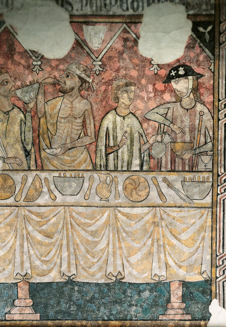 Pelerinlerin yemekhanesindeki yemek sahnesi, detay, Lleida katedralinden by Unknown artist