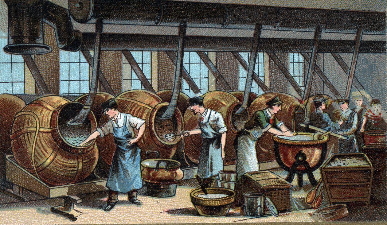 Drajelerin mekanik üretimi. 19. yüzyılın sonunun kromolitografisi by Unknown artist