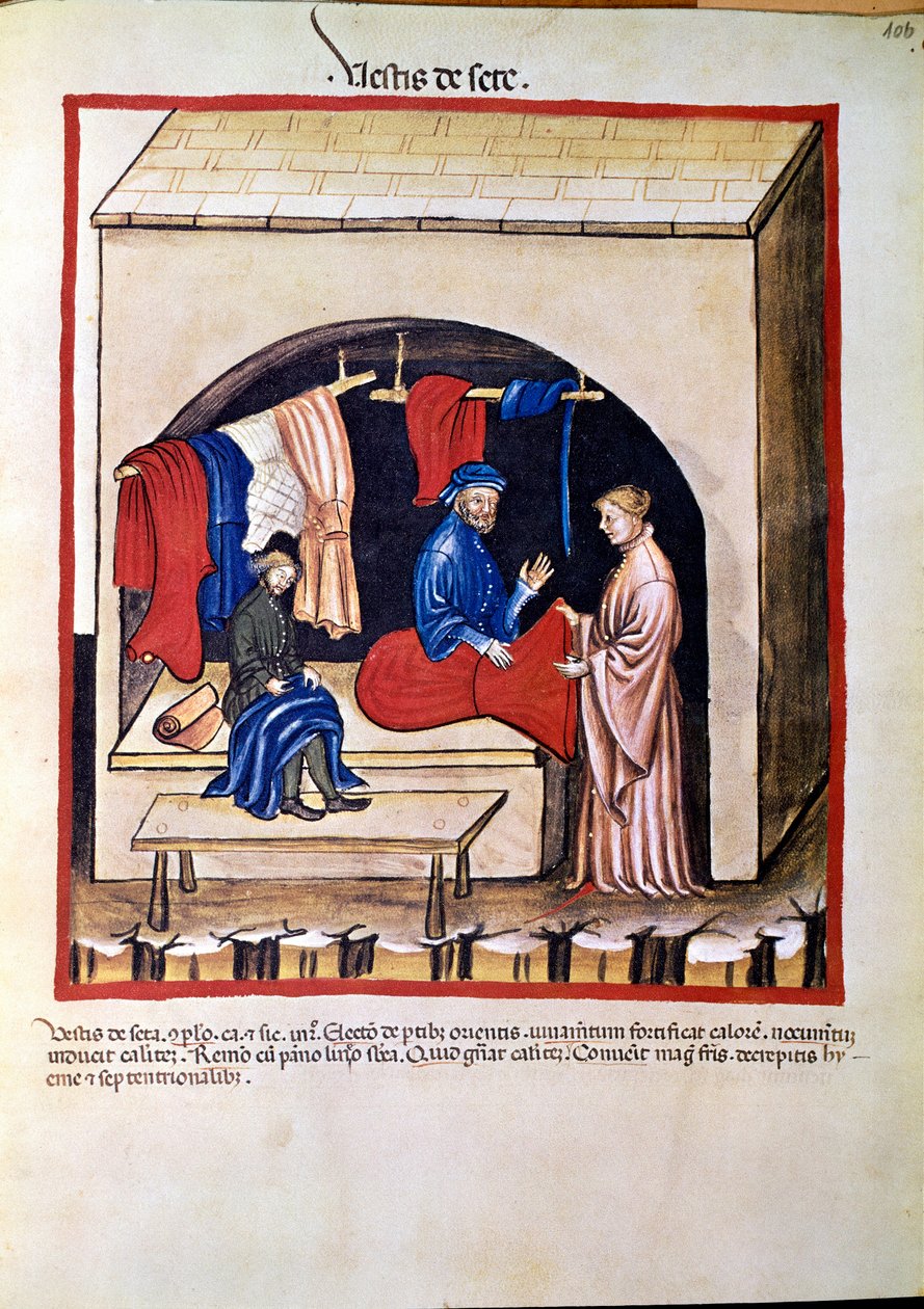 İlaç ticareti: “” ipek giysi tüccarı” “” Tacuinum sanitatis”ten alınan sayfa (Cod. ser. nov. 2644) Yaklaşık 1400 Viyana, Osterreischische Nationalbibliothek by Unknown artist
