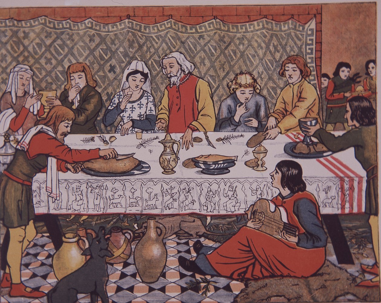Ortaçağ malikane lordu yemek (renkli litho) by Unknown artist