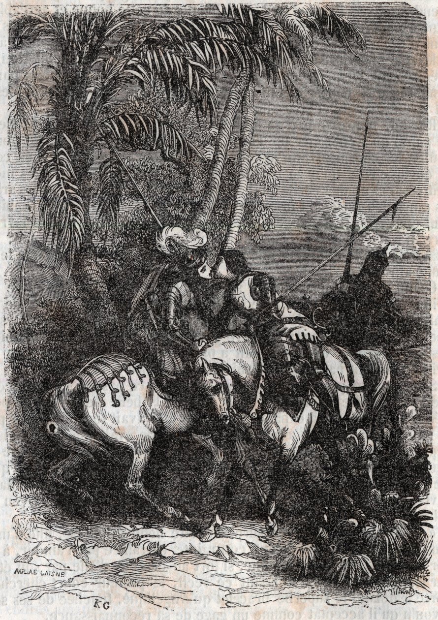 Marphise (Marfisa), Astolphe (Astolfo) ve Sansonnet (Sansonetto) buluşması - Ariosta olarak bilinen Ludovico Ariosto tarafından “” Roland furieux” (Orlando furioso) (16. yüzyıl) dan 1851 gravürü - Kont tarafından İtalyancadan çevrilen Baskı Tressan