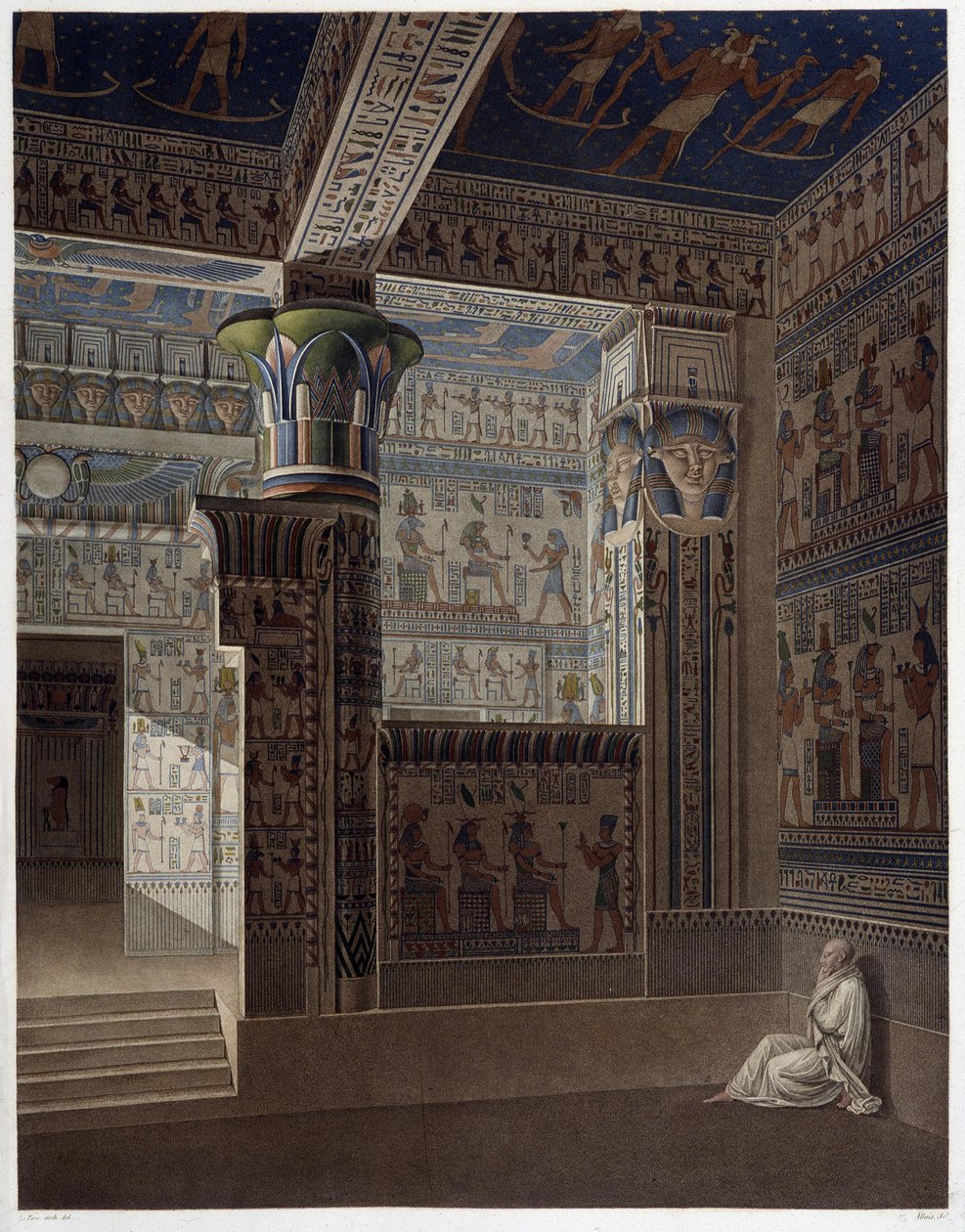Memnonium Thebes, pl 37: Batı tapınağının renkli iç perspektif görünümü - “Mısır Antik Eserleri”nde, sd. 19. yüzyıl by Unknown artist