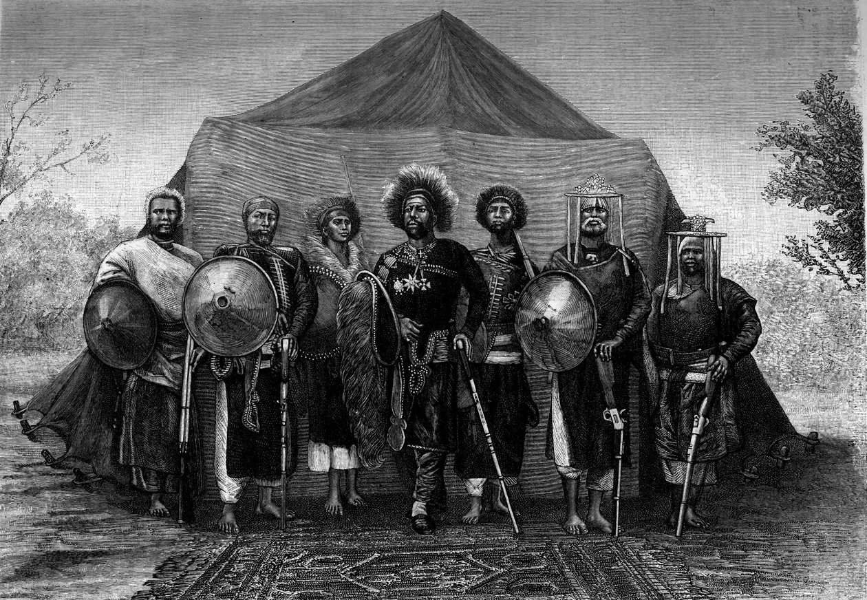 Etiyopya Kralı II. Menelik (1844-1913) ordu komutanlarını çevreliyor. “” Le Journal de la jeunesse” üzerine gravür by Unknown artist