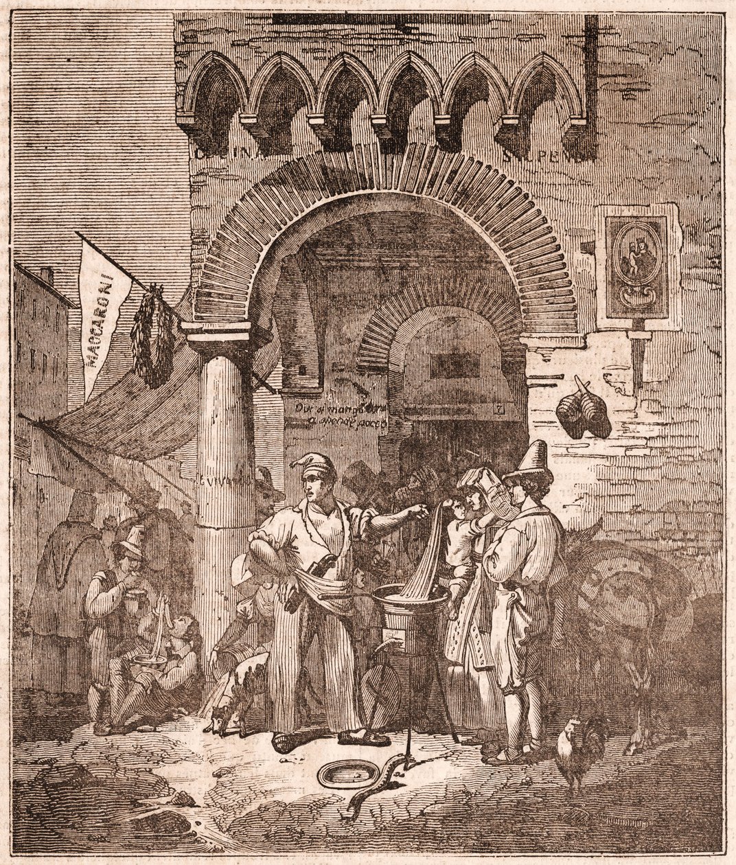 Tüccar bir tencerede makarna pişiriyor, İtalyan sahnesi (gravür) by Unknown artist