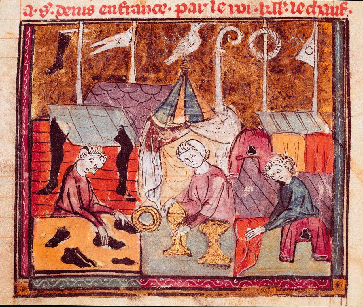 Saint Denis yakınlarındaki Lendit fuarında tüccarlar (ayakkabı ustası, kuyumcu, kumaş tüccarı) “Grandes Chronicles de France”dan” 1375-1379 Belediye Kütüphanesi, Castres by Unknown artist