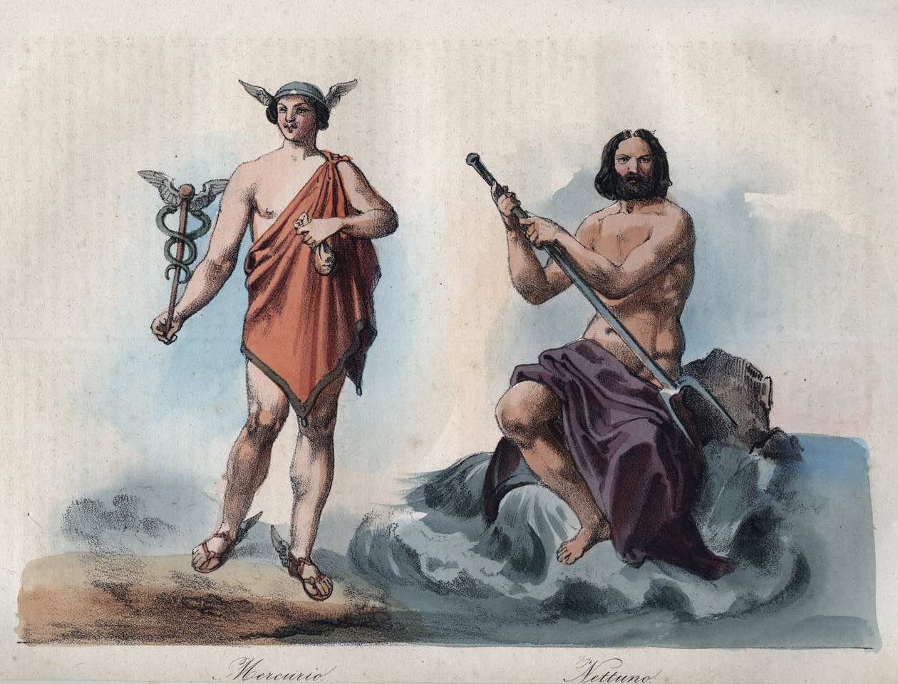 Mercurius (Hermes) ve Neptün (Poseidon) - Evrenin Tüm Halklarının “” Gümrük ve Geleneklerinden gravür. Yani, hükümetin, yasaların, milislerin, en eski zamanlardan günümüze kadar tüm ulusların dininin tarihi "1856 by Unknown artist