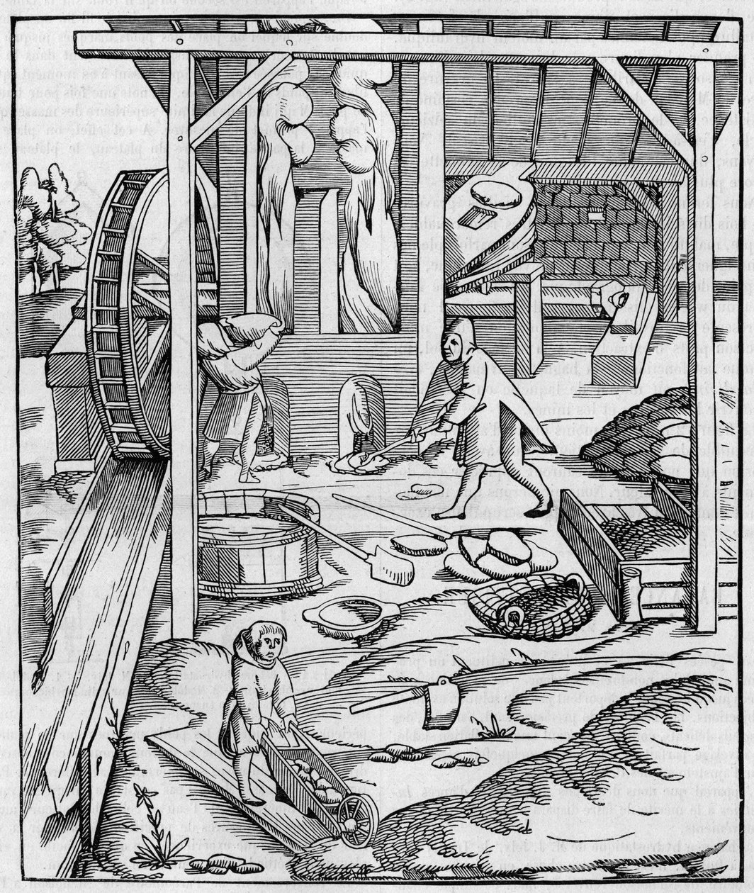Hidrolik motorla çalışan metal fırın üfleyici. Sebastien Munster tarafından “Cosmographie” (1555) de yayınlanan bir gravürün Fac simile (Fac-simile). Gravür “” La Nature: revue des sciences et de leurs apps aux arts et a l
