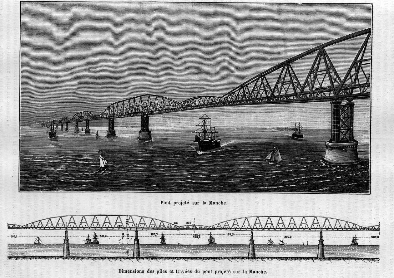Kanal üzerindeki metalik köprü projesi: tepede, köprü bittiğinde; altta, öngörülen köprünün kazık ve traverslerinin boyutları. “” Le Journal de la jeunesse” üzerine gravür by Unknown artist
