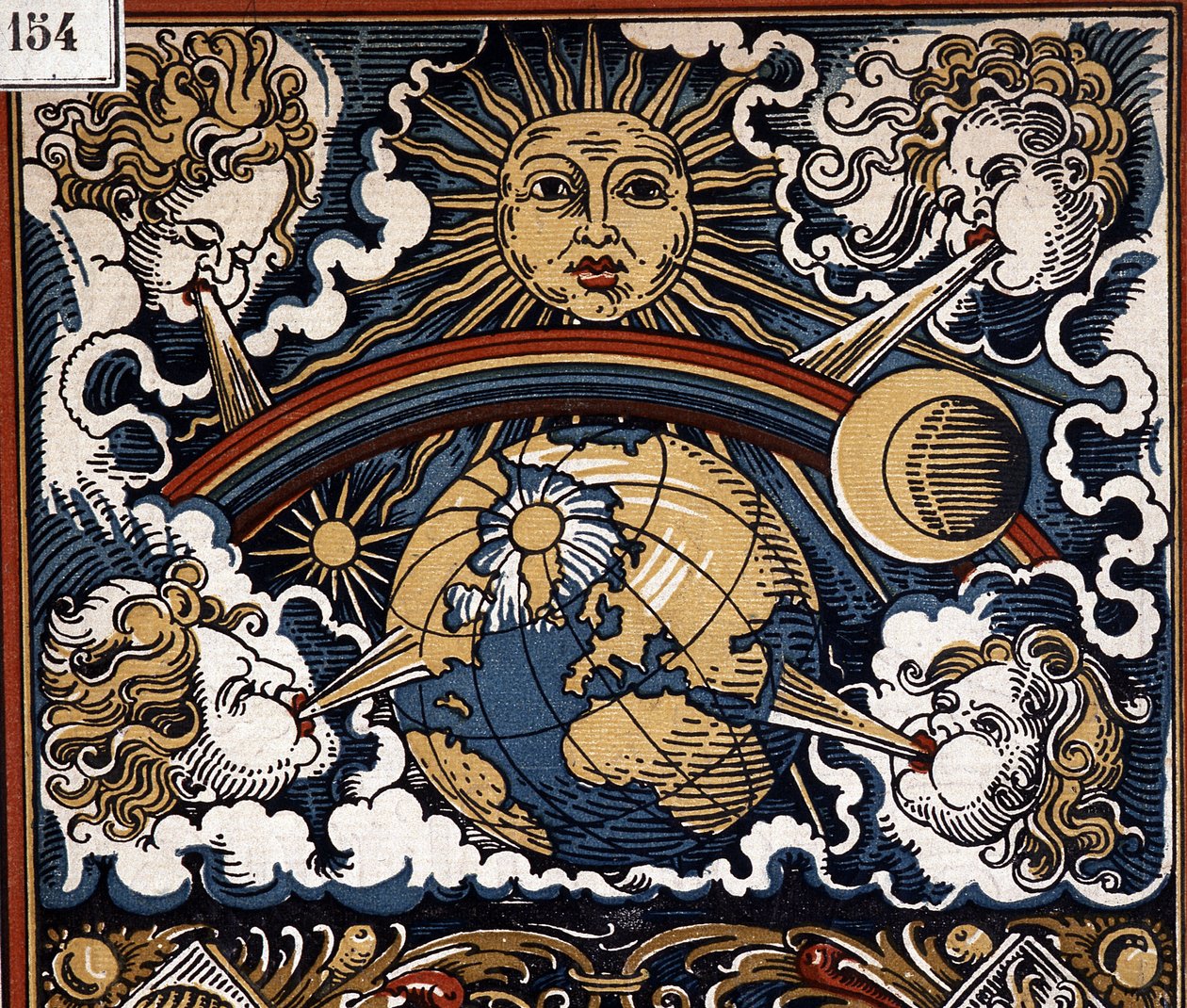 Meteorolojik alegori - Meteorolojik alegori (toprakla güneş, rüzgarlar, gökkuşağı) - takvim illüstrasyonu by Unknown artist