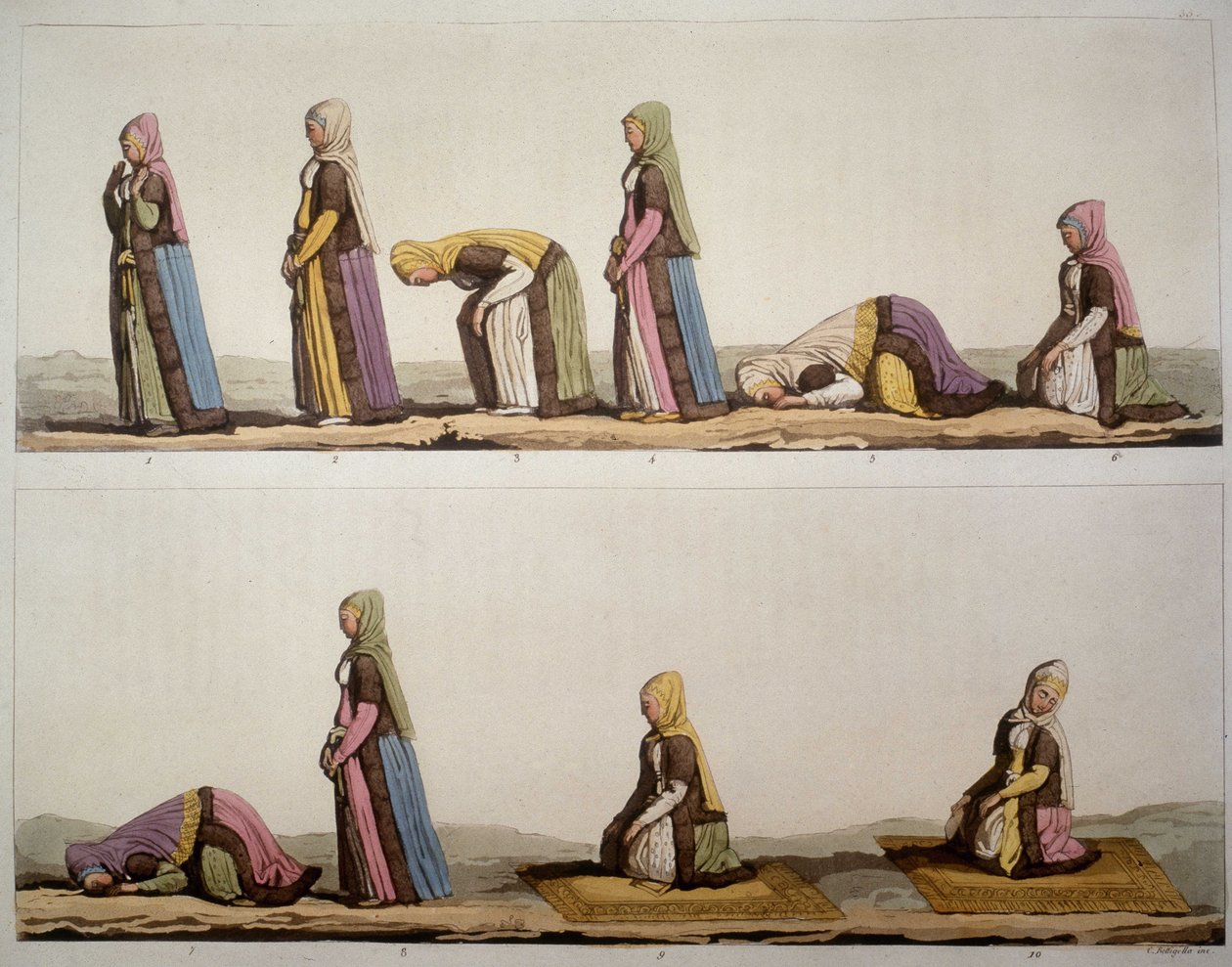 Müslümanların dua pozisyonları için yöntem. "Eski ve Modern Kostüm" 1819-1820