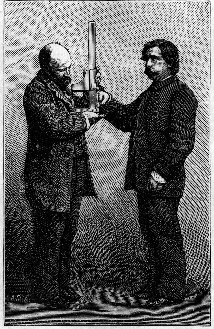 Yazı tipi tanımlama yöntemi: kayan bir pergel ile orta parmağın ölçülmesi. 25 Ağustos 1883 tarihli “La Nature: revue des sciences et de leurs apps aux arts et a l