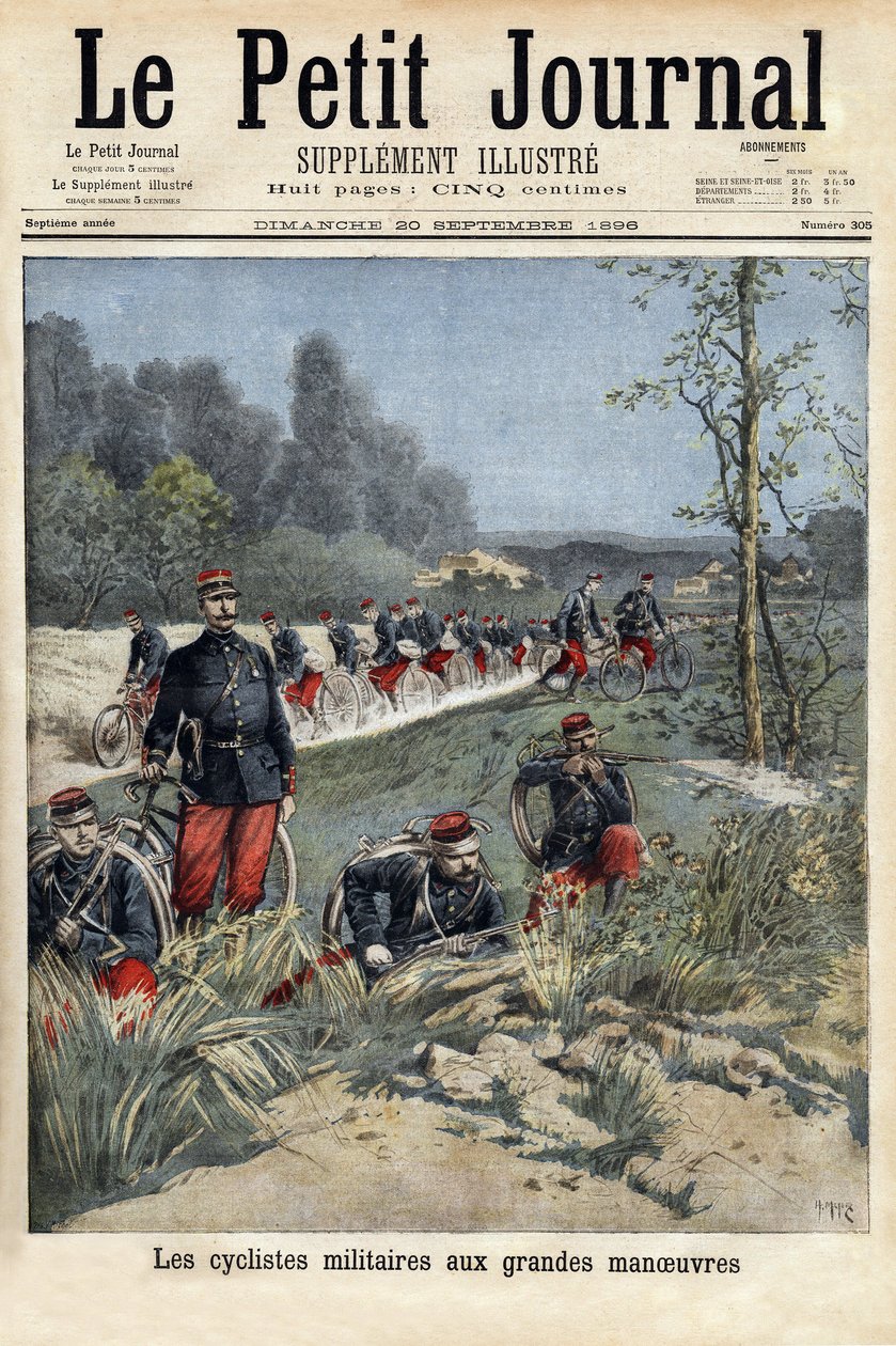 Askeri bisikletçiler büyük manevralarda. “” Le petit Journal” da gravür, 20/09/1896. Selva