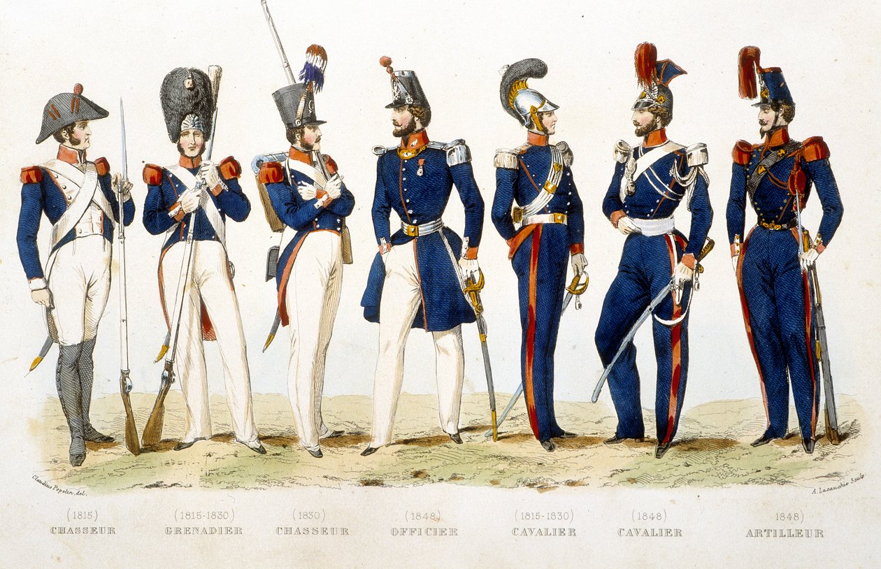 Askeri üniforma: avcı (1815), el bombası (1815 - 1830), avcı (1830), subay (1848), süvari (1815 - 1830), binici (1848), topçu (1848) - “Fasttes de Gardes nationales de France ” by Unknown artist