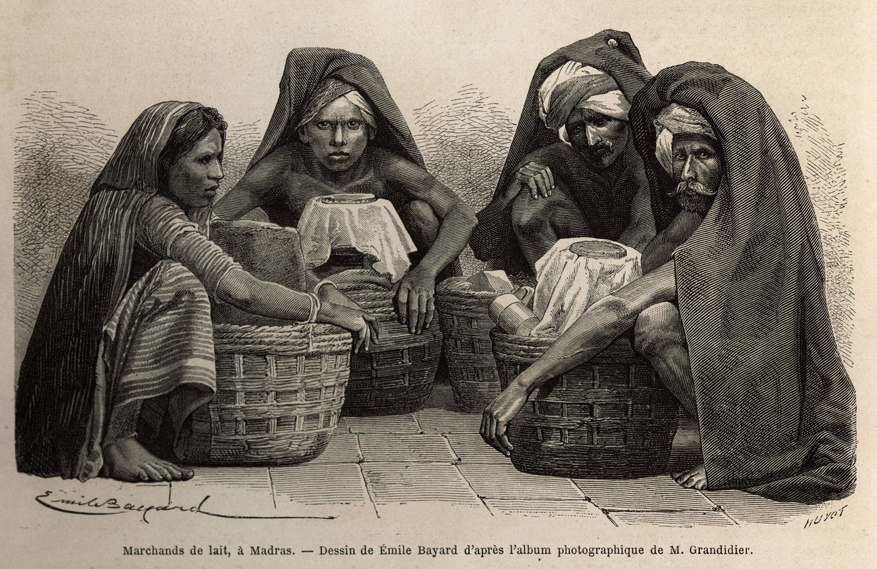 Süt tüccarları, Madras sokaklarında (bugünkü Chennai, Tamil Nadu). D
