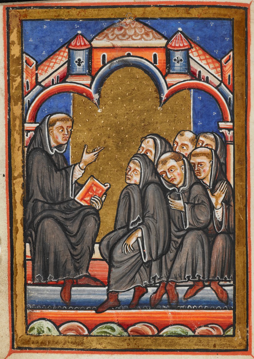 Cuthbert'in Lindisfarne manastırındaki keşişlere öğrettiği minyatür, Bede'nin Life of St Cuthbert adlı düzyazısının 16. Bölümünden. by Unknown artist