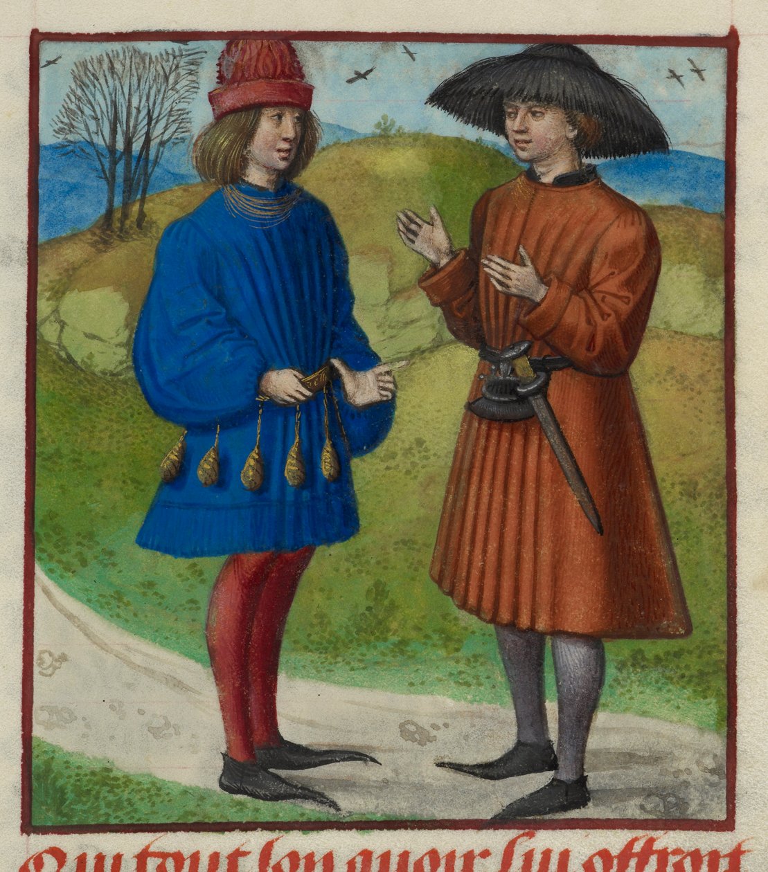 'Le Roman de la Rose'dan l'Ami (Arkadaş) ile konuşan Aşığın minyatürü by Unknown artist