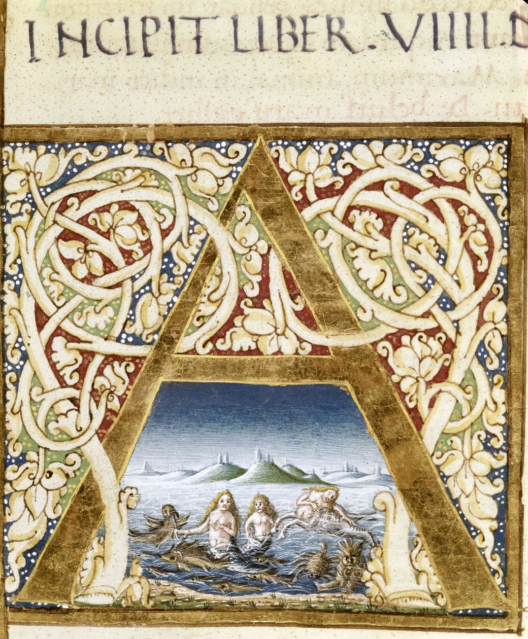 Sirenleri temsil eden minyatür. Harf “” A”” - Ancian Pliny