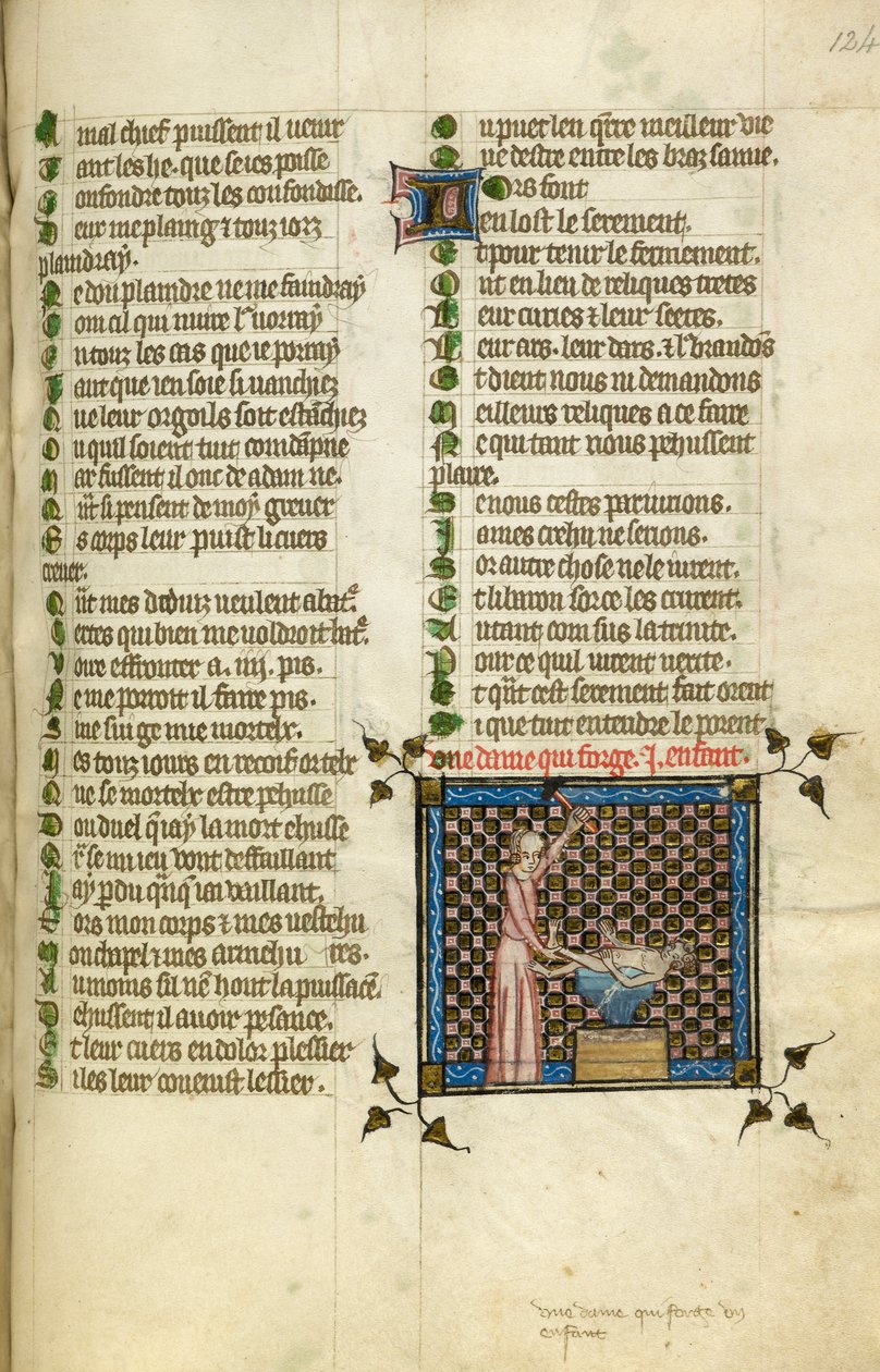 Minyatür, 'Le Roman de la Rose'dan bir bebeği döven Doğayı gösterir, c.1380 (minyatür) by Unknown artist