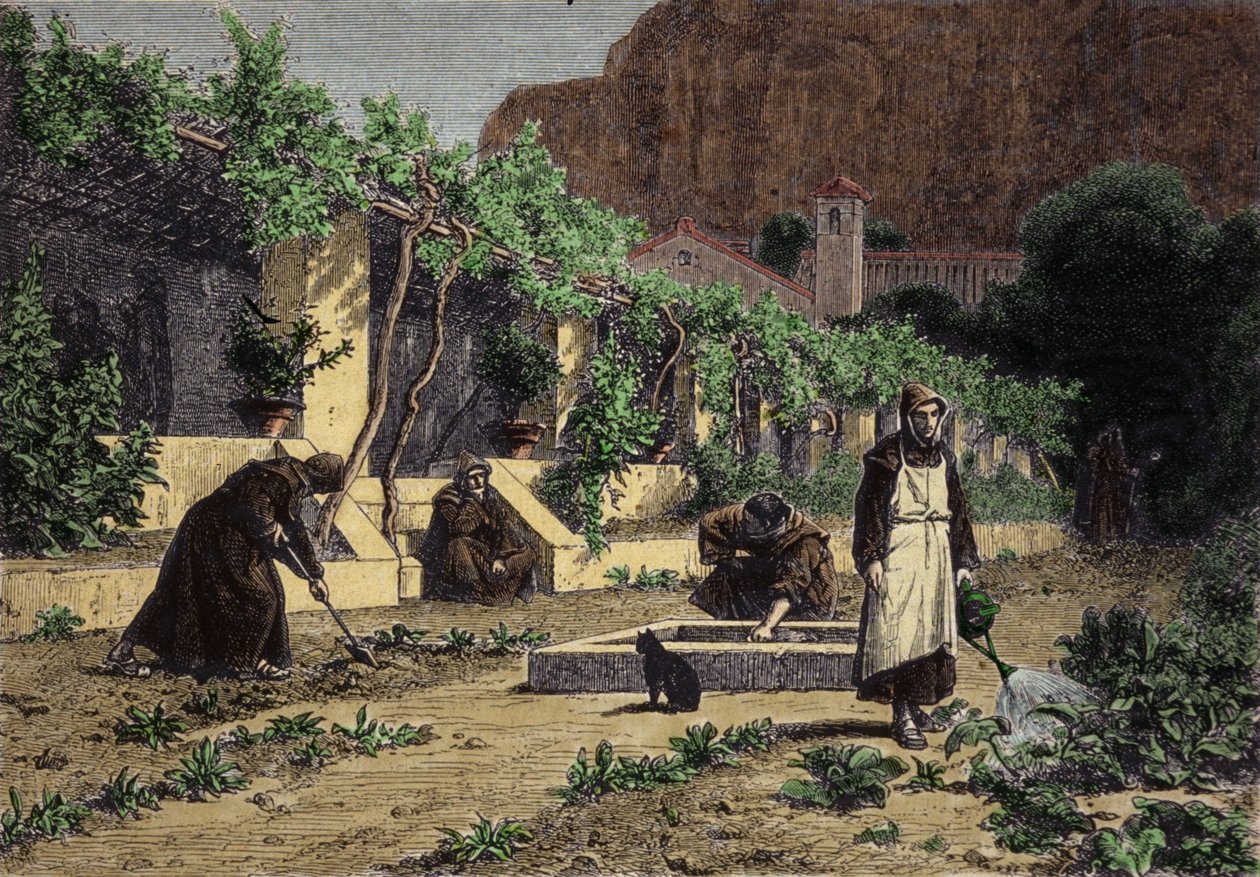 Manastırın sebze bahçesi: keşişlerin bahçelerinde sebze yetiştirmeleri için bahçesi. 19. yüzyıl gravürü by Unknown artist