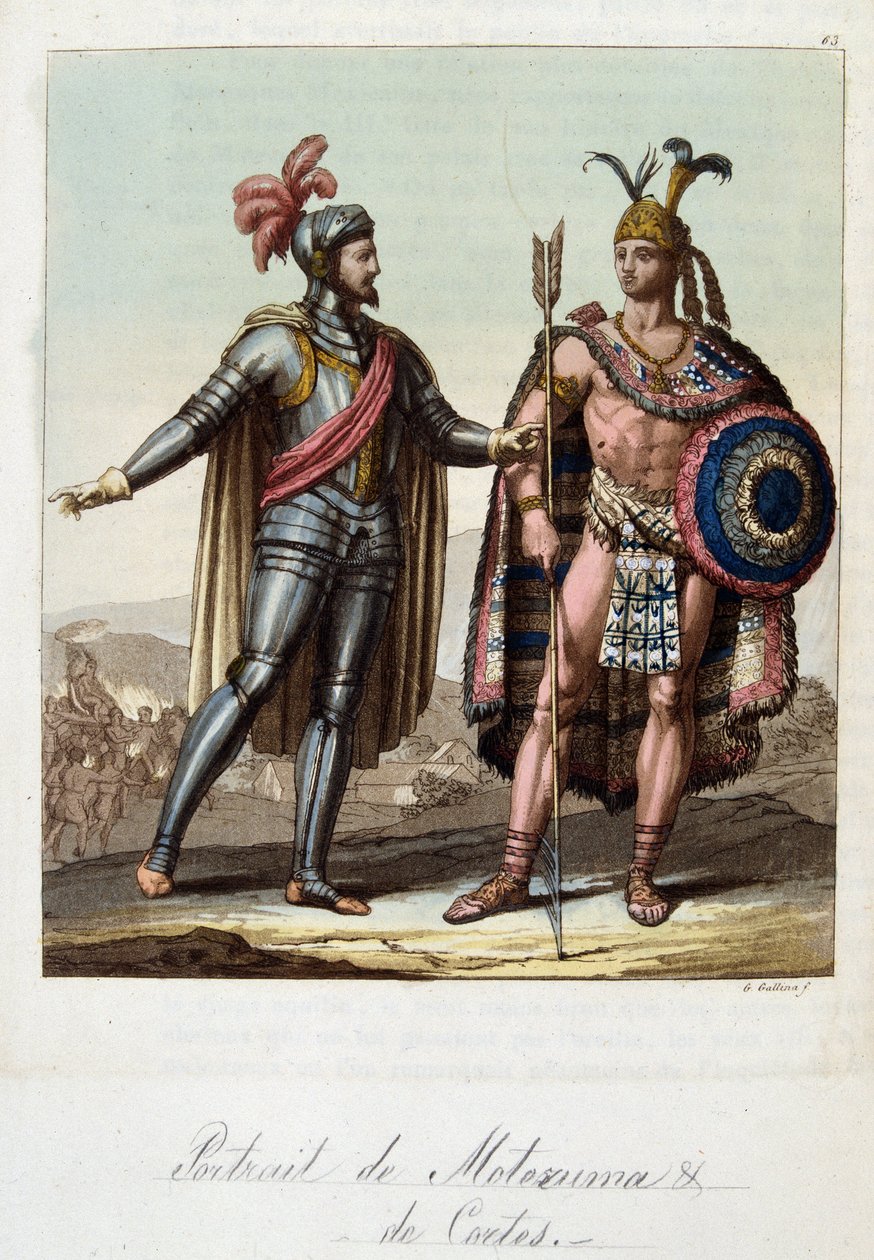 Montezuma II, Aztek kralı ve Hernan (veya Hernando) Cortes veya Fernand Cortez (1485-1547), İspanyol fatihi - Ferrario
