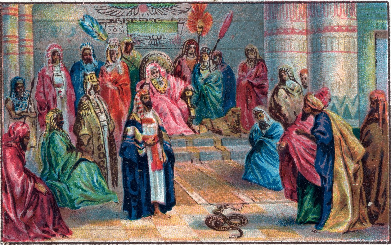 Musa ve Harun, 19. yüzyılın sonundaki öfkeli Firavun Kromolitografisine karşı. by Unknown artist