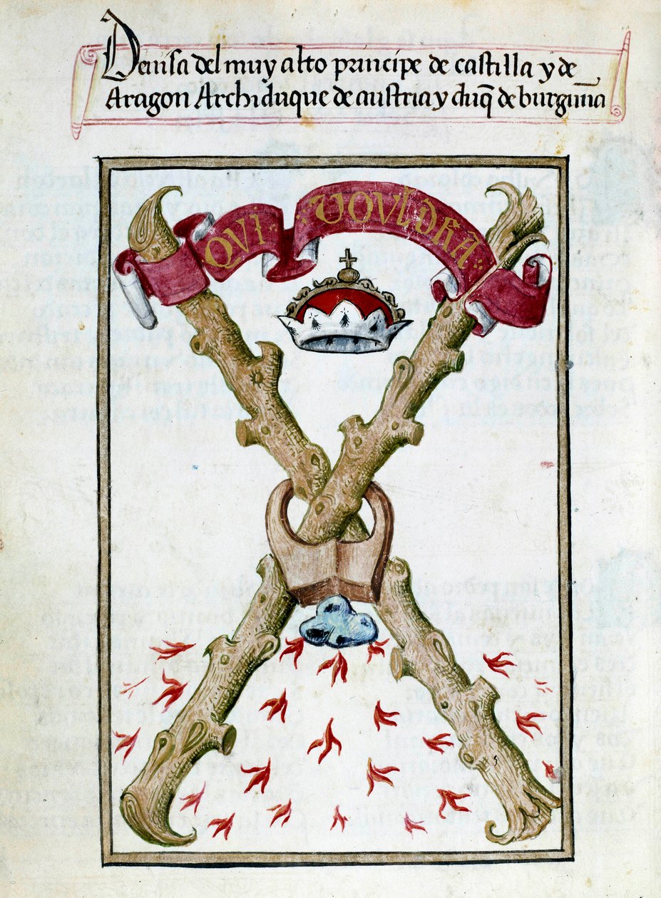 Burgonya Dükleri'nin sloganı. Pedro Marcuello'nun ("Devotario de la Reyna Da Juana a Quien Llamaron la Loca") "" İspanya Kraliçesi Joan the Folle'nin (1479-1555) adanmışlık koleksiyonu"ndan alınan el yazması sayfası 15. by Unknown artist