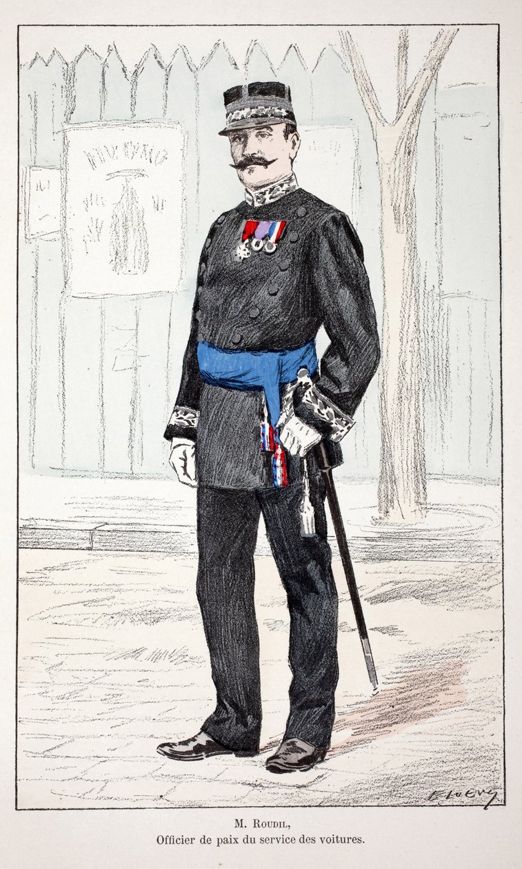 Bay Roudil, araba servisinin barış görevlisi. Renklerle gravür, illüstrasyon için, Seine polisi Louis Lepine (1846-1933) himayesinde, Alfred Rey (1864-?) ve Lo tarafından yayınlanan “Barış Gücü Kolordu Tarihi”” kitabı by Unknown artist