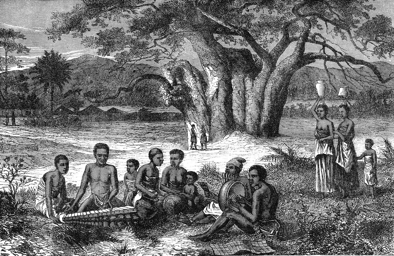 Afrika'daki Zambeze Nehri kıyısındaki müzisyenler. Gravür 1885 by Unknown artist