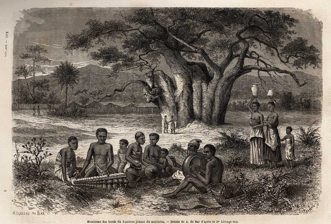 Zambese Nehri kıyısında marimba (balafon ve Kolombiya öncesi enstrümanların karışımı) çalan müzisyenler. Dr. Livingstone