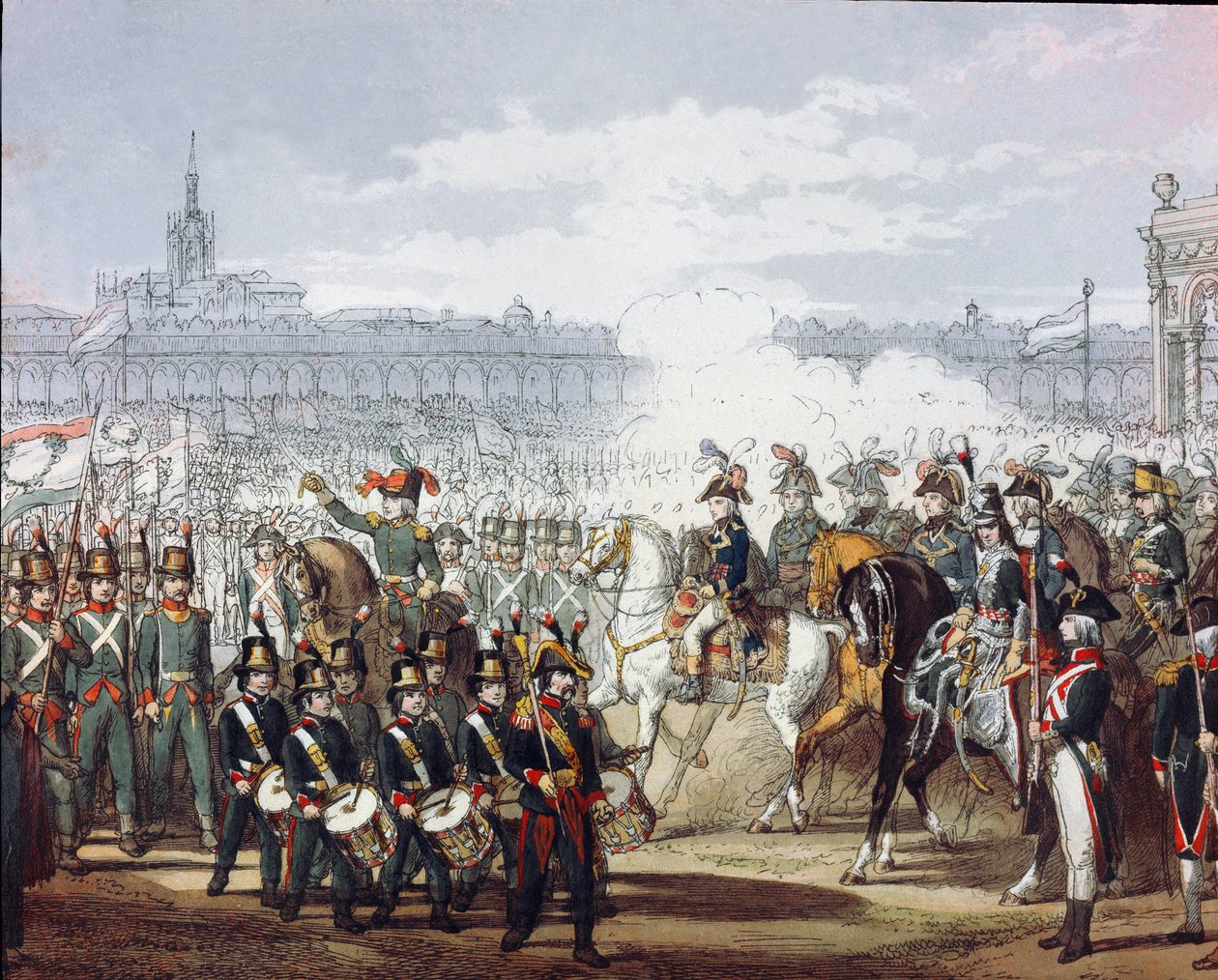 Napoleon Bonaparte (1769-1821), 09/07/1797 tarihinde milislerin Lombard ve Cispadan lejyonunu inceliyor Suluboya gravür. Milano, Museo del Risorgimento by Unknown artist