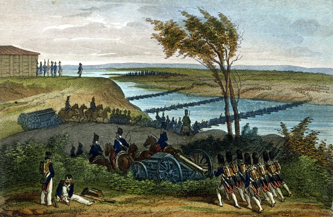 Napolyon Savaşı: Rus Kampanyası. Niemen Nehri'nin (Dnjemen) 24/06/1812 tarihinde iki İmparatorluğu ayıran geçişi. 19. yüzyılın gravürü. by Unknown artist
