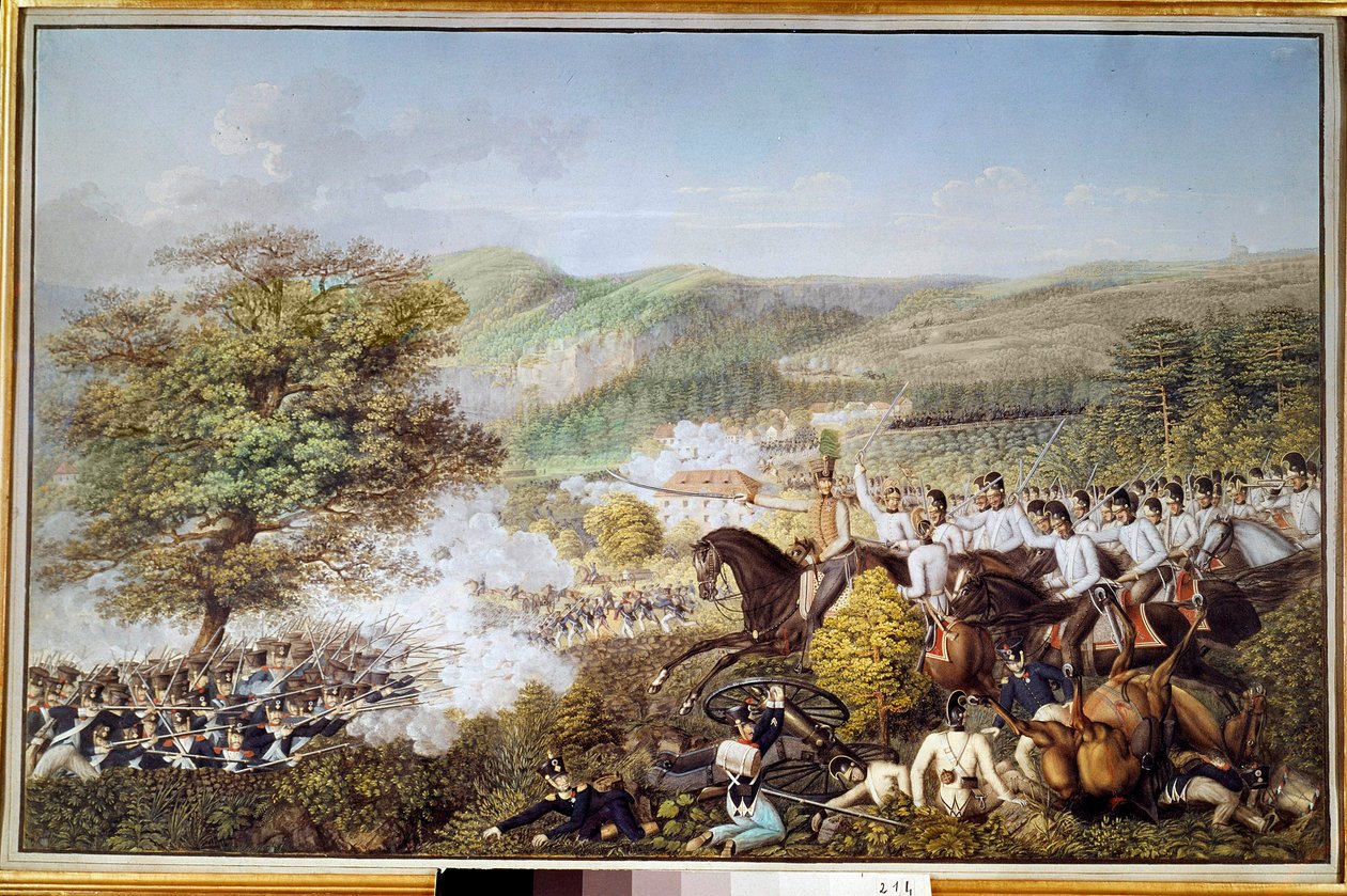 Napolyon Savaşı: “” Prusya süvarilerine karşı Fransız piyade”” Anonim suluboya. 1813 Berlin, tarihi müze by Unknown artist