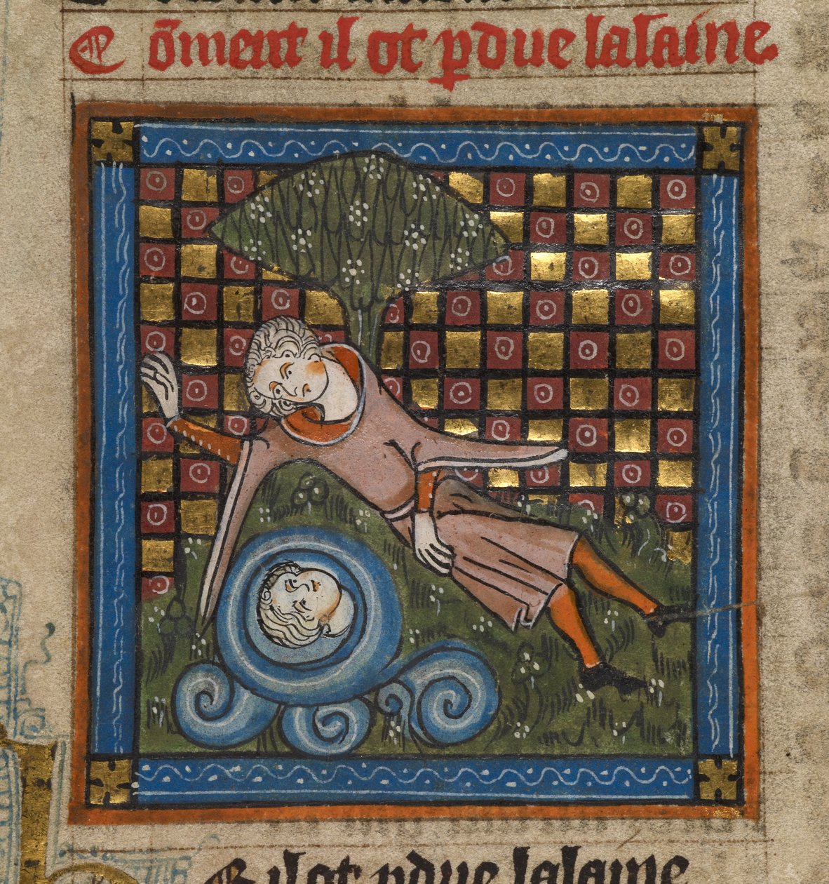 'Le Roman de la Rose'dan bir çeşmedeki yansımasına hayranlıkla bakan Narcissus, 1340 dolayları (minyatür) by Unknown artist