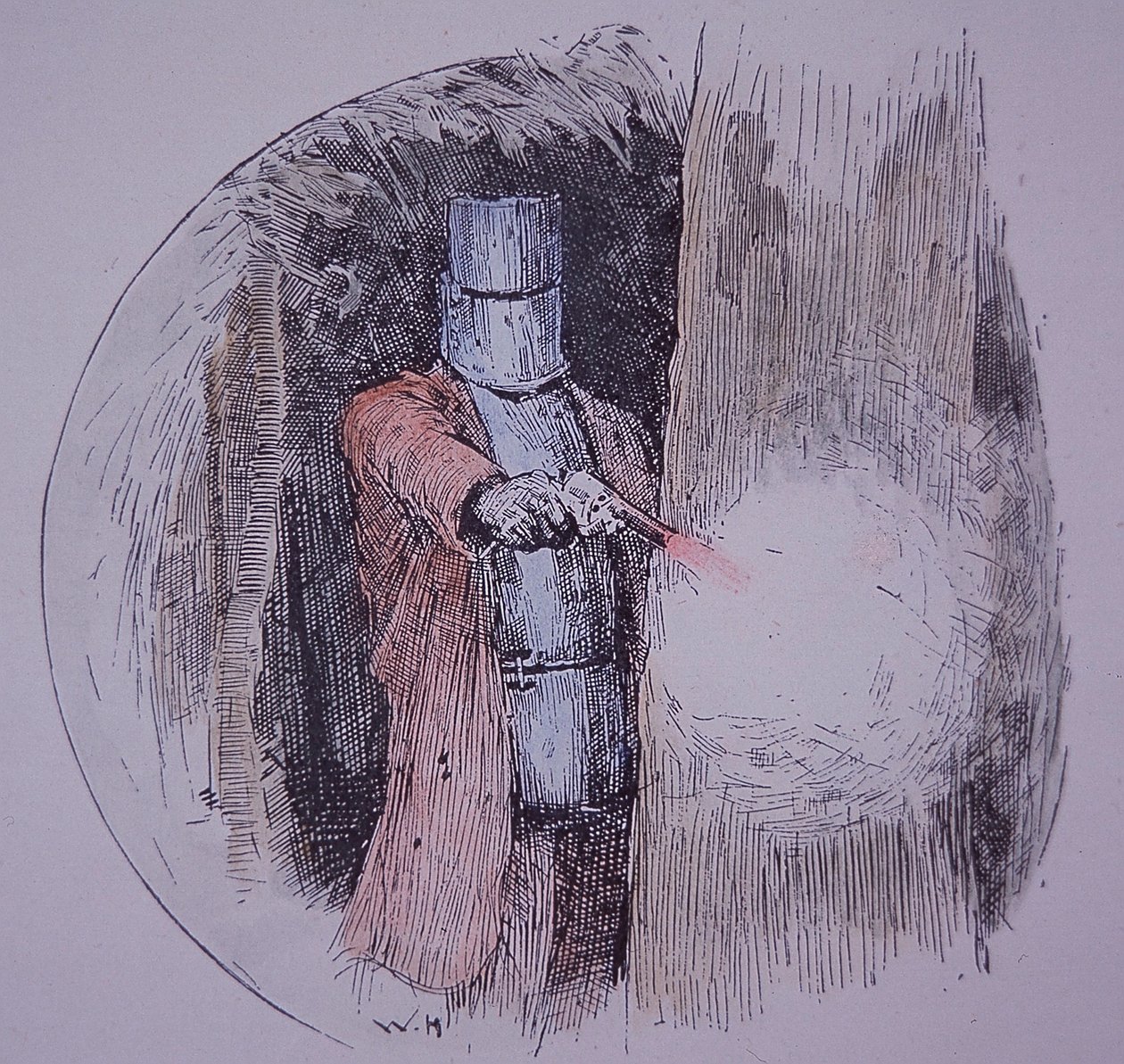 Ned Kelly ev yapımı zırhını giyiyor, polisle karşı karşıya geliyor (el renkli gravür) by Unknown artist