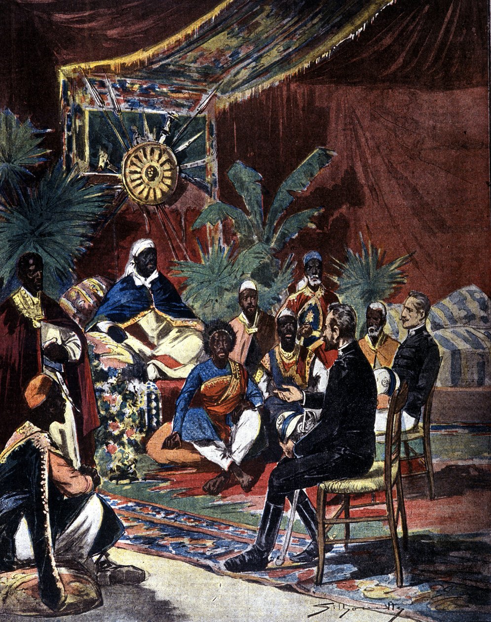 1896'da Adoua'daki İtalyan yenilgisinden sonra Etiyopya ile barış görüşmeleri. Binbaşı Salsa ve Kaptan Angherà, Kral Menelik II (1844 - 1913) ve şefleriyle bir araya geldi. Silhouette tarafından 19. yüzyılın sonlarına ait matbaanın illüstrasyonu. by Unknown artist