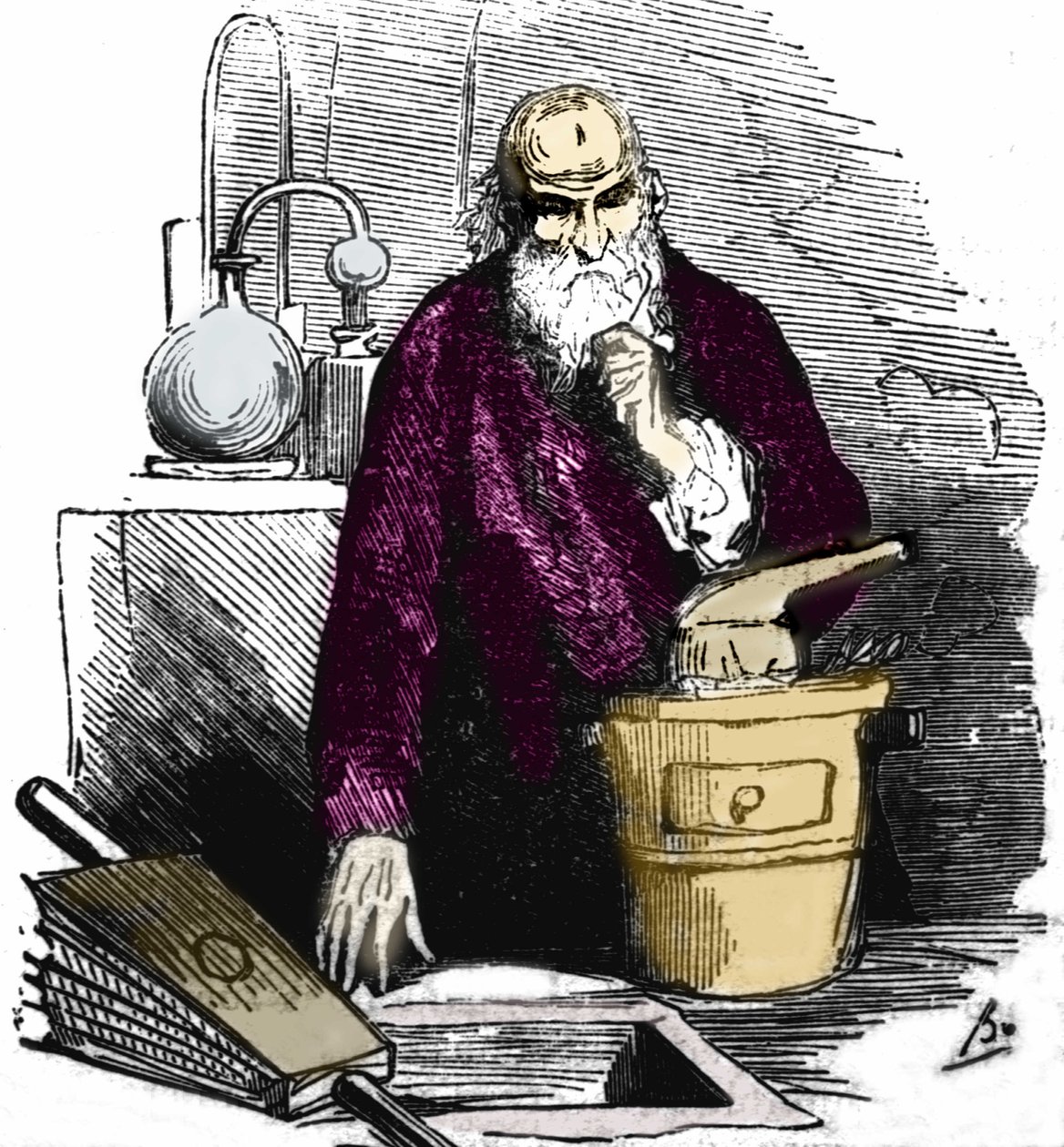 Nicolas Flamel (1330 - 1418) laboratuvarında. by Unknown artist