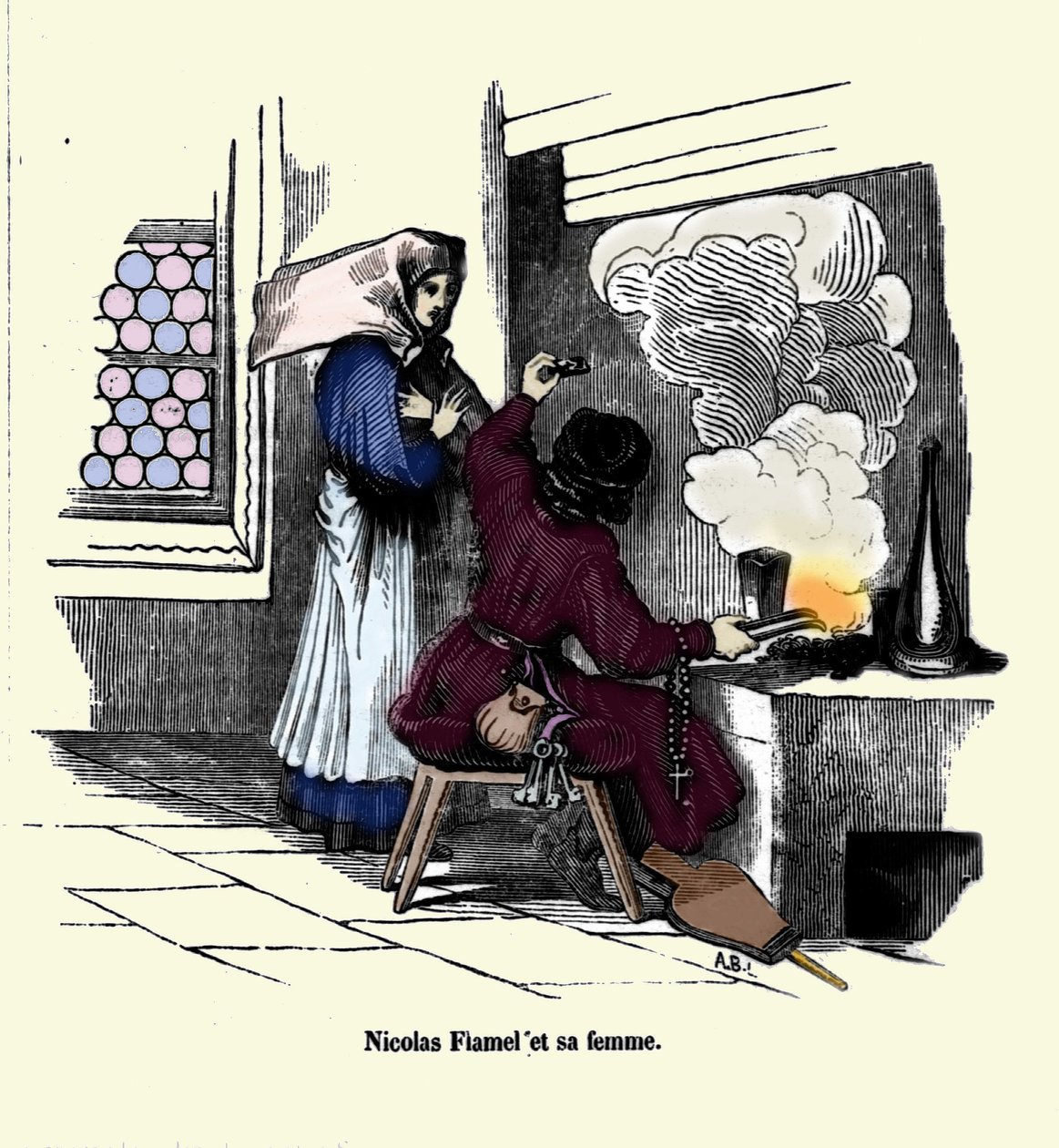 Nicolas Flamel (1330 - 1418) karısıyla birlikte. by Unknown artist