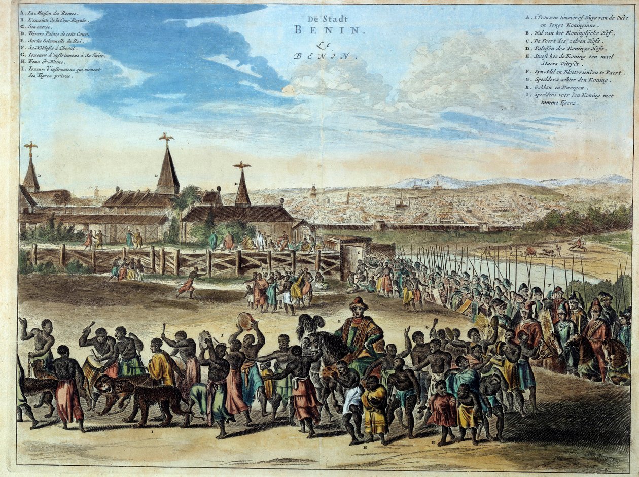 Benin krallığının Nijerya başkenti, Kral Houegbadja'nın (1645-1689), 1680'de Obamey'de ciddi çıkışı. 1686'dan oyma. Paris, Afrika ve Okyanusya Sanatları. by Unknown artist