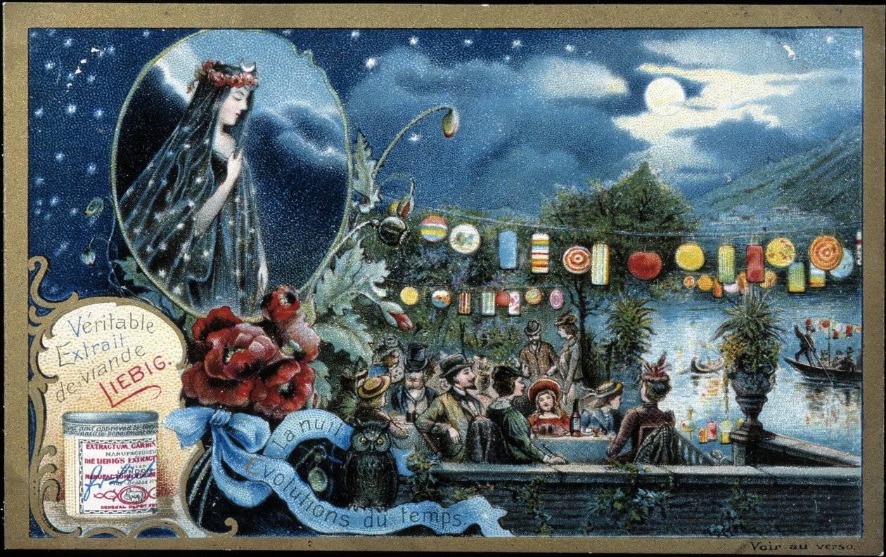 Bir gölün yakınında fenerlerle aydınlatılan gece, gece partisi - Liebig kromolitografisi by Unknown artist
