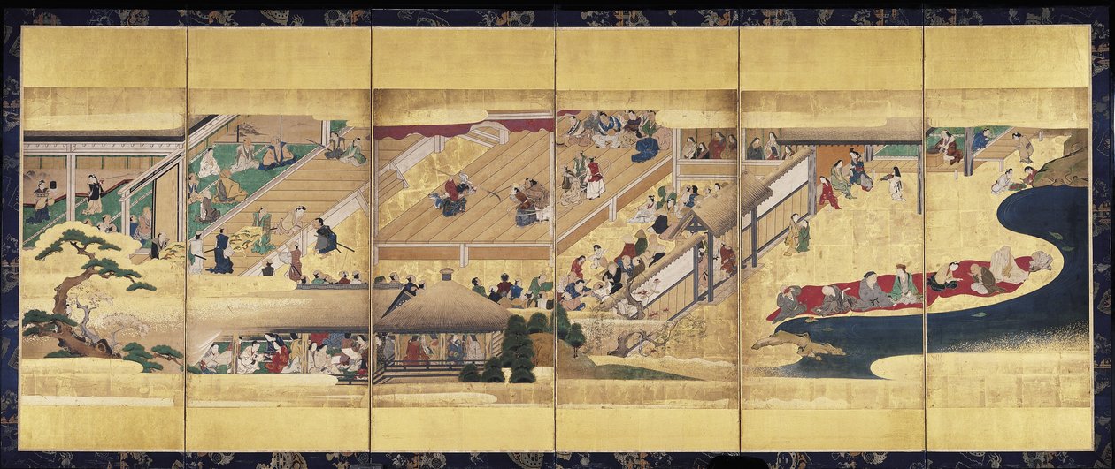 Noh Play: Funa Benkei (kağıt üzerinde mürekkep, renkler ve altın, altı panelli ekran) by Unknown artist