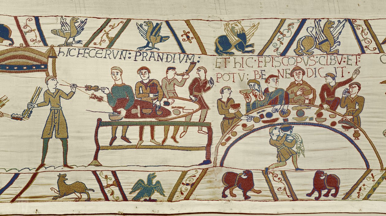 Norman hizmetçileri William için bir ziyafet hazırlar ve Piskopos Odo yemeği kutsar, Bayeux Goblen (keten üzerine yün işlemesi) by Unknown artist