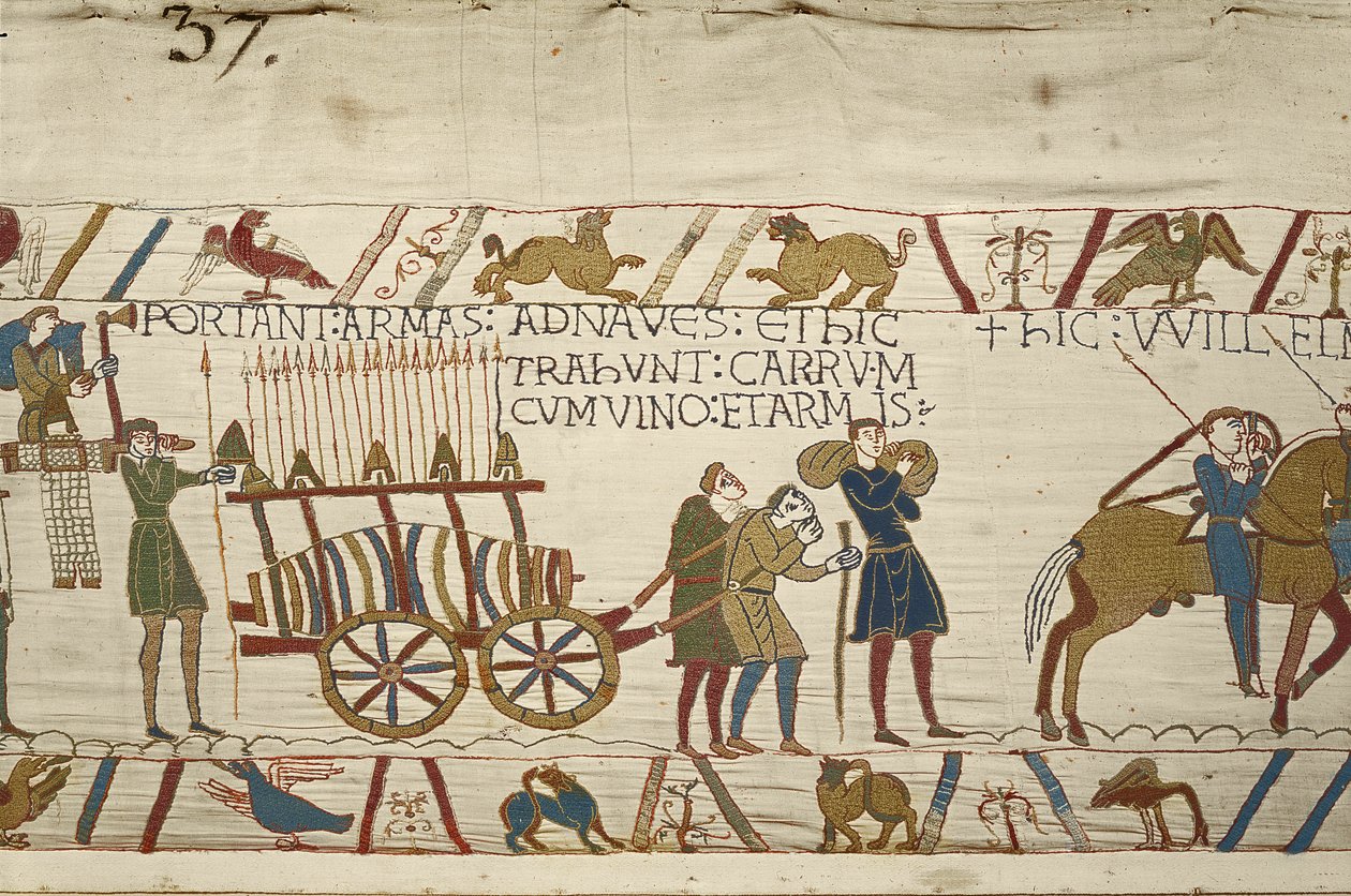 Şarap ve silahlarla dolu bir arabayı çeken Normanlar, Bayeux Goblen (keten üzerine yün işlemesi) by Unknown artist