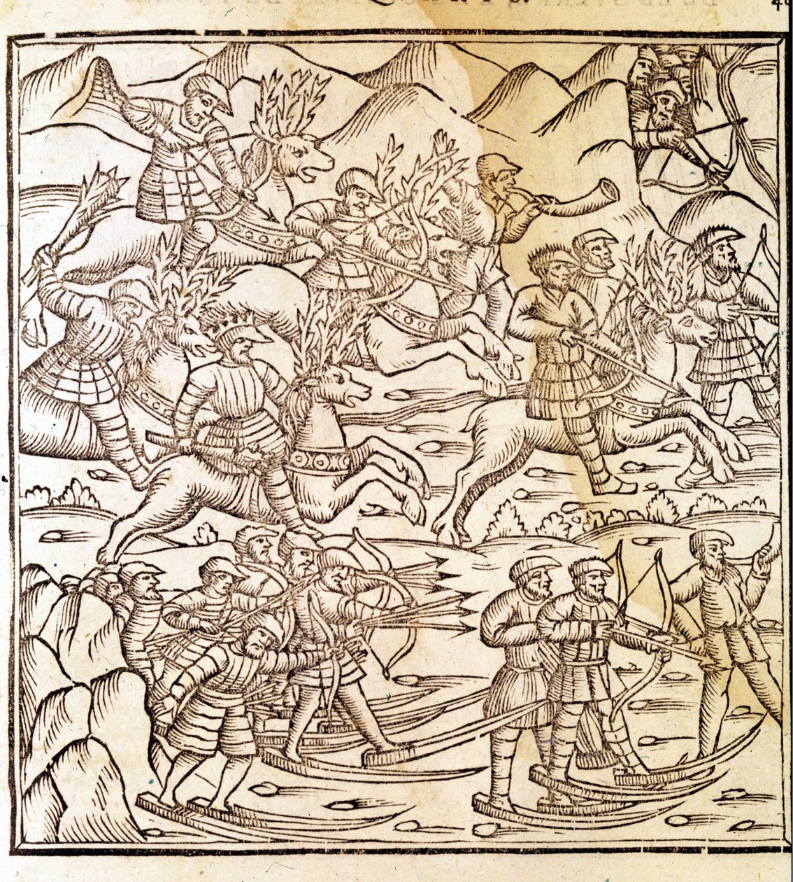 Kayak ve ren geyiği üzerinde seyahat eden Norveçli avcılar. Olaus Magnus (1490 - 1557), İsveçli dindar ve coğrafyacı tarafından gravür, “Historia de Gentis Septentrionalibus”, Venedik by Unknown artist