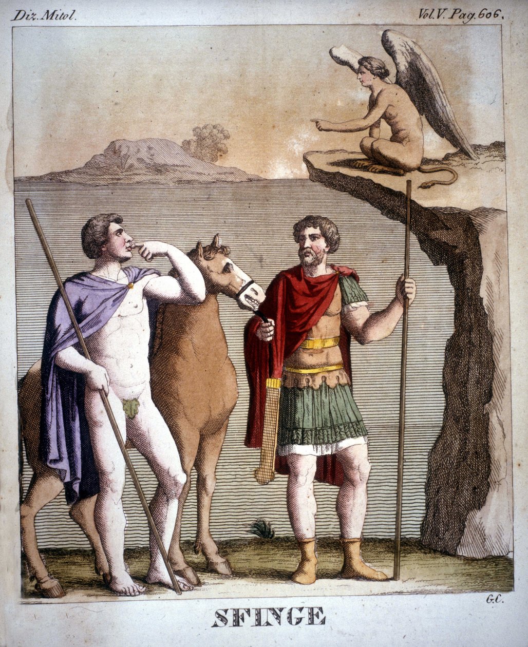 Oidipus ve Sfenks - “” Dizionario mitologico””da, 19. yüzyıl gravürü, Bibl. di Brera, Milano. by Unknown artist